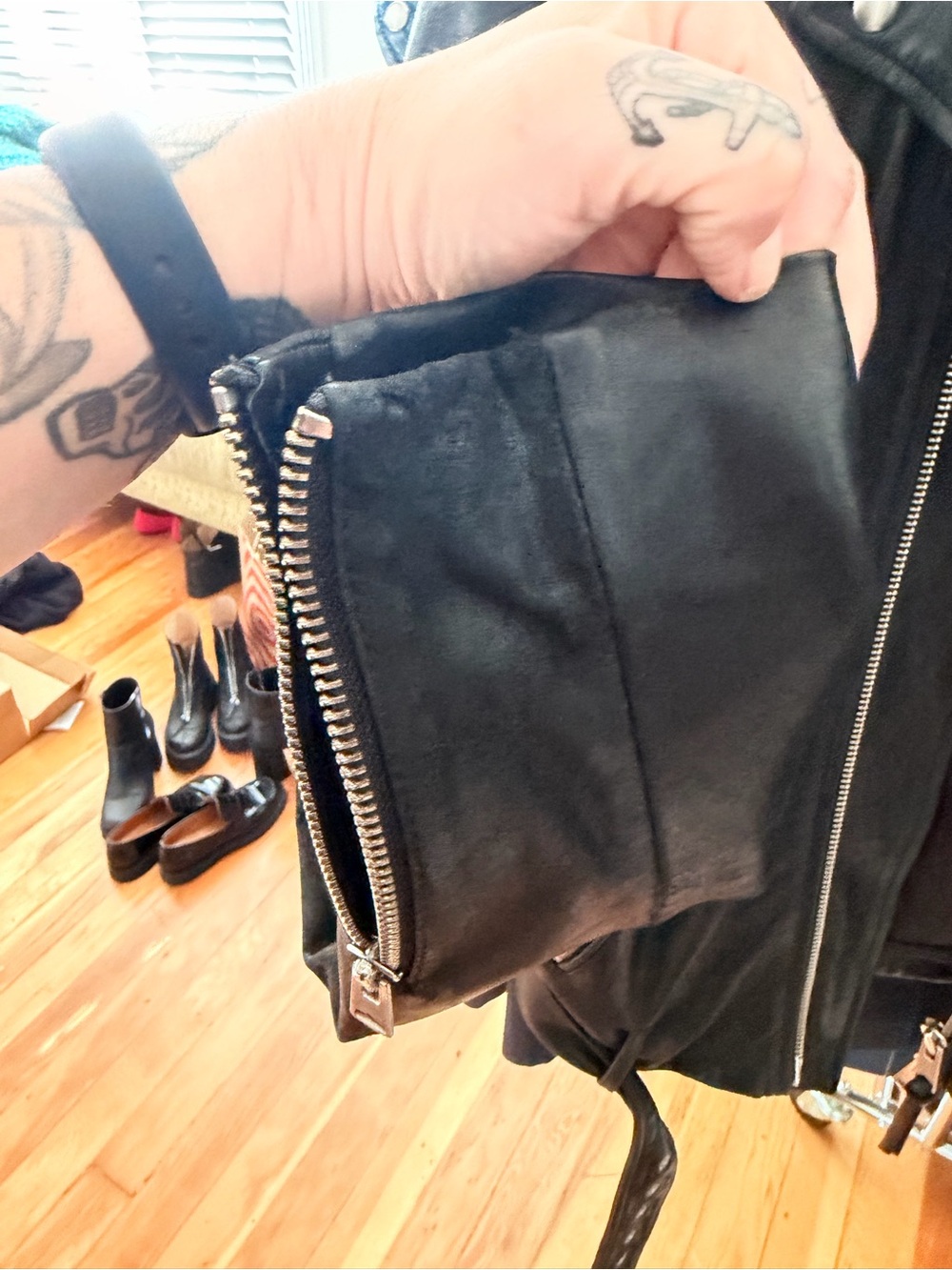 AllSaints Black Leather Jacket with Contrast Lining - Picture 6 of 6